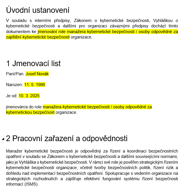 Jmenovací list pro roli manažera kybernetické bezpečnosti