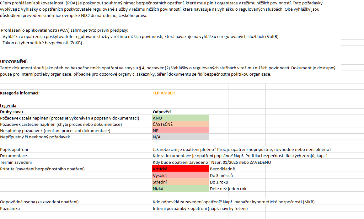 Přehled bezpečnostních opatření / Prohlášení o aplikovatelnosti (POA) - nižší povinnosti VoKB (NIS2)